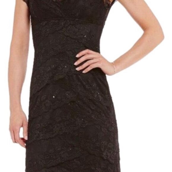 NWT Marina Black Tiered V-Neck Lace Beaded Occasion Cocktail Dress - 16 Petite - Picture 5 of 14